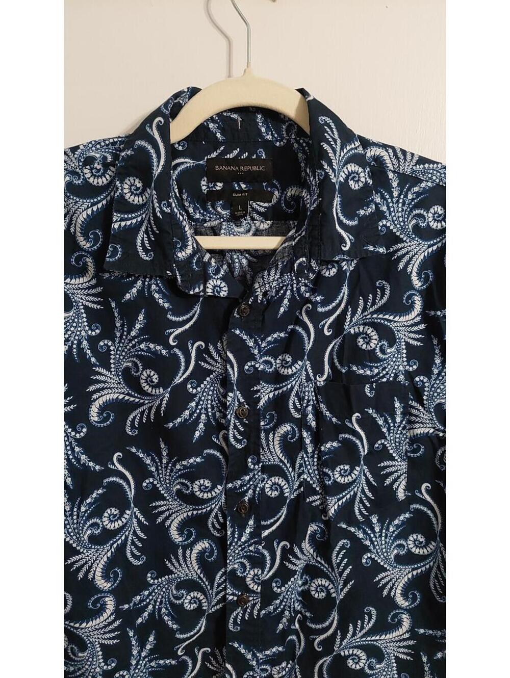 Banana Republic Slim Fit Paisley Short Sleeve Button-Up Shirt Navy Blue Men's L
